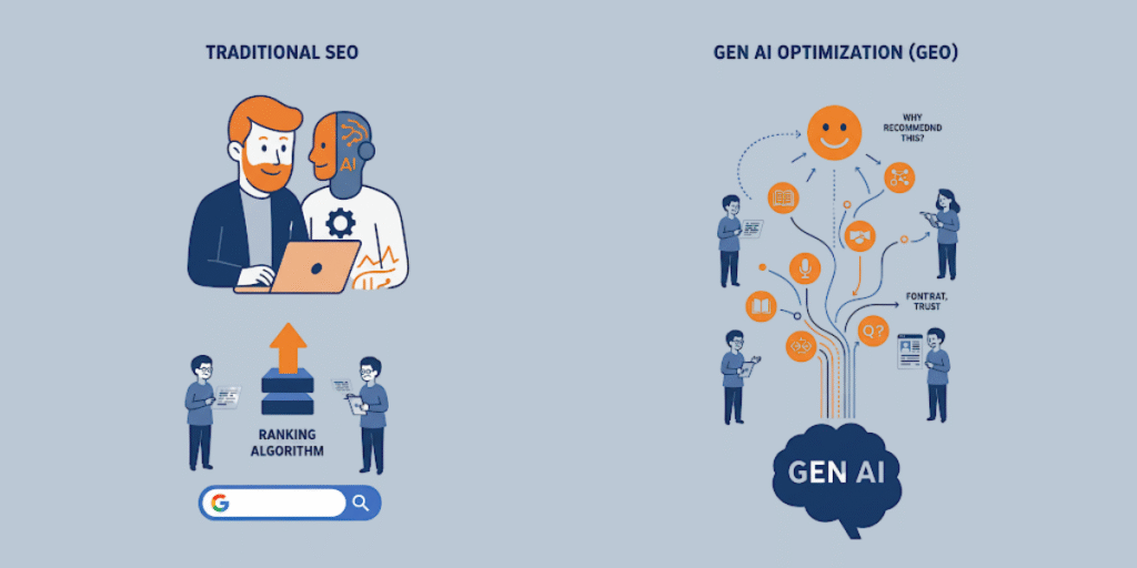 את הדרך להסביר למערכות Gen AI מדוע הן צריכות להמליץ על המוצרים או השירותים שלך בעוד שSEO מסורתי מתמקד בלשכנע אלגוריתם של גוגל לדרג או 2 InteligenceValley סוכנות השיווק הדיגיטלי B2B הראשונה לשיווק בעידן הAI GEO VS SEO